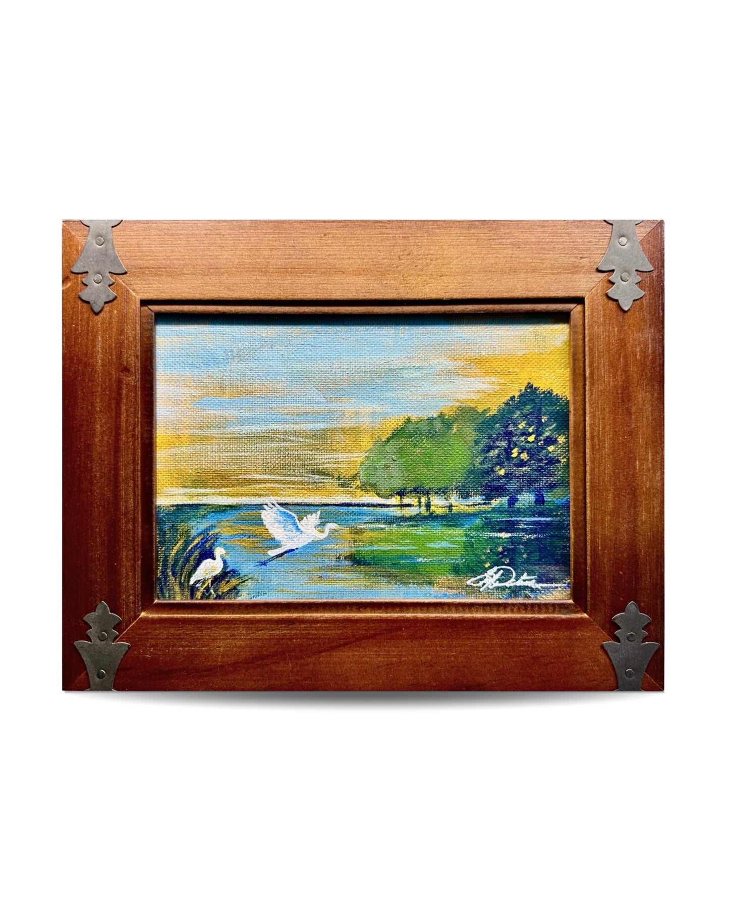 At First Light Original Acrylic Painting | Framed Lowcountry Marsh Art | Egret Landscape by Lori Datus