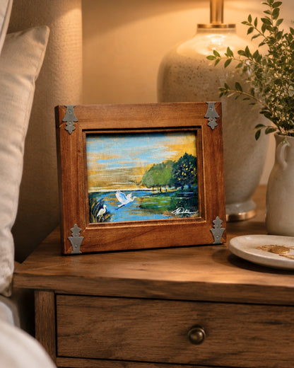 At First Light Original Acrylic Painting | Framed Lowcountry Marsh Art | Egret Landscape by Lori Datus