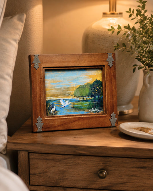At First Light Original Acrylic Painting | Framed Lowcountry Marsh Art | Egret Landscape by Lori Datus