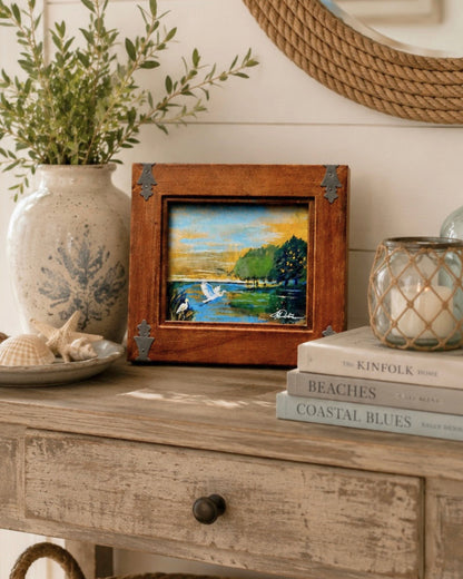 At First Light Original Acrylic Painting | Framed Lowcountry Marsh Art | Egret Landscape by Lori Datus