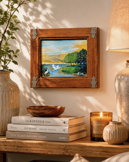 At First Light Original Acrylic Painting | Framed Lowcountry Marsh Art | Egret Landscape by Lori Datus