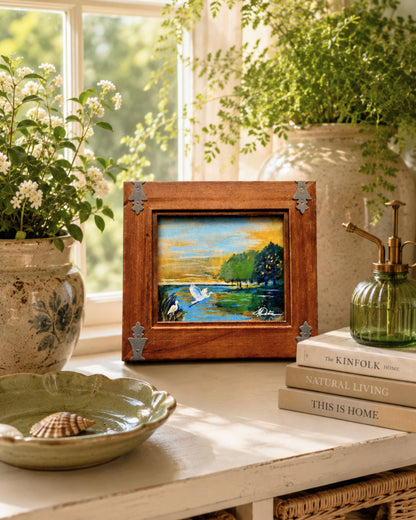 At First Light Original Acrylic Painting | Framed Lowcountry Marsh Art | Egret Landscape by Lori Datus